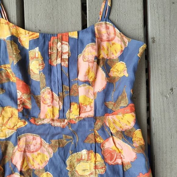 Anthro Maeve Peony Slip Dress Silk Blend Floral Strappy Open Back Blue Size 10 - Picture 6 of 13